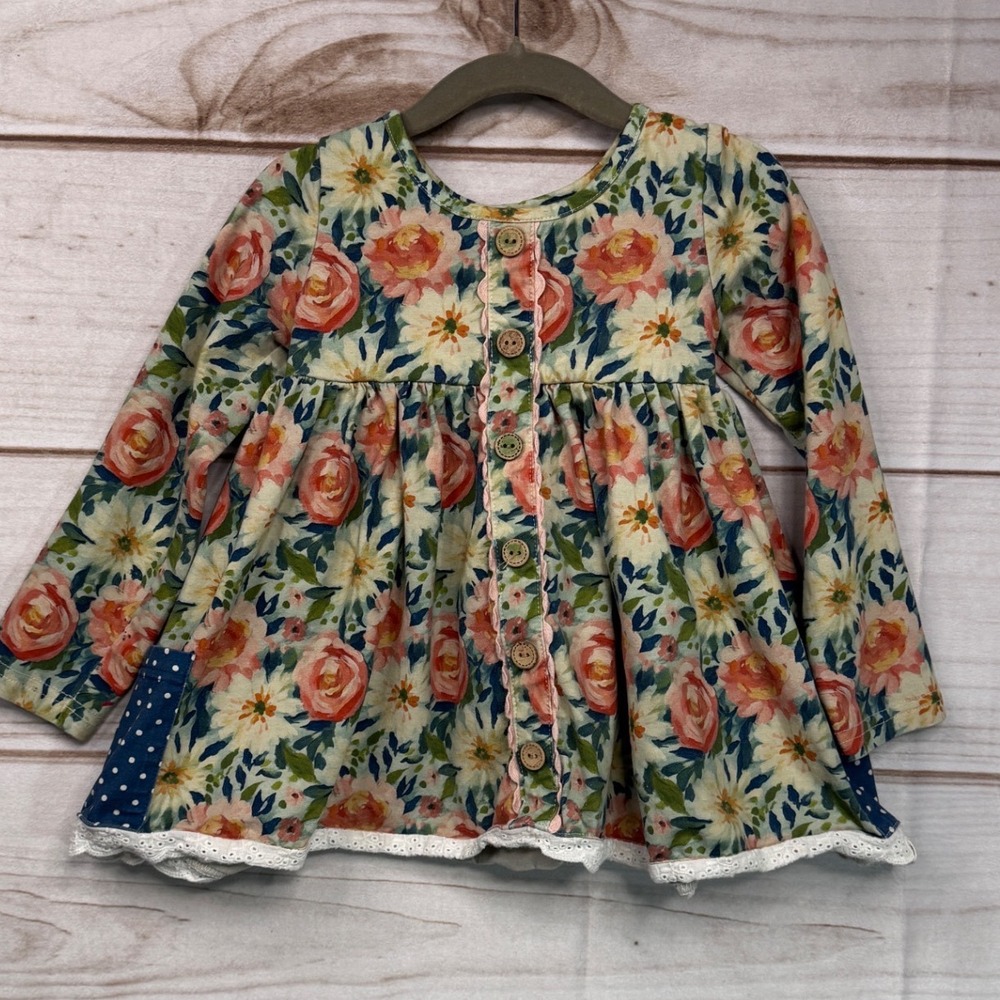 Cheeky Plum Girls 4T Floral Tunic Top Long Sleeve Button Front Eyelet Lace Trim